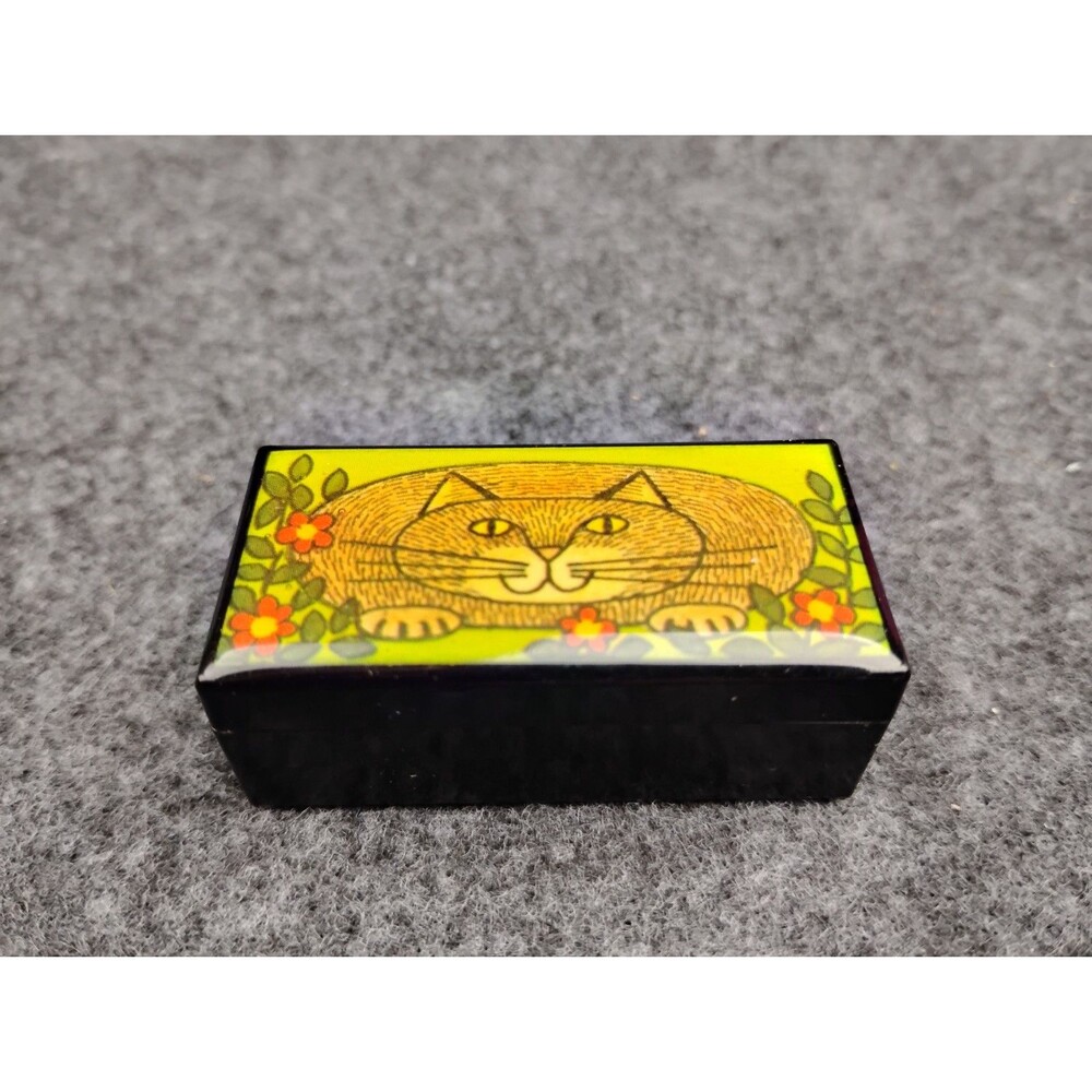 Vintage Mini Cat Trinket Box Tiny Black Lacquered Box Cat Artwork Folk Art